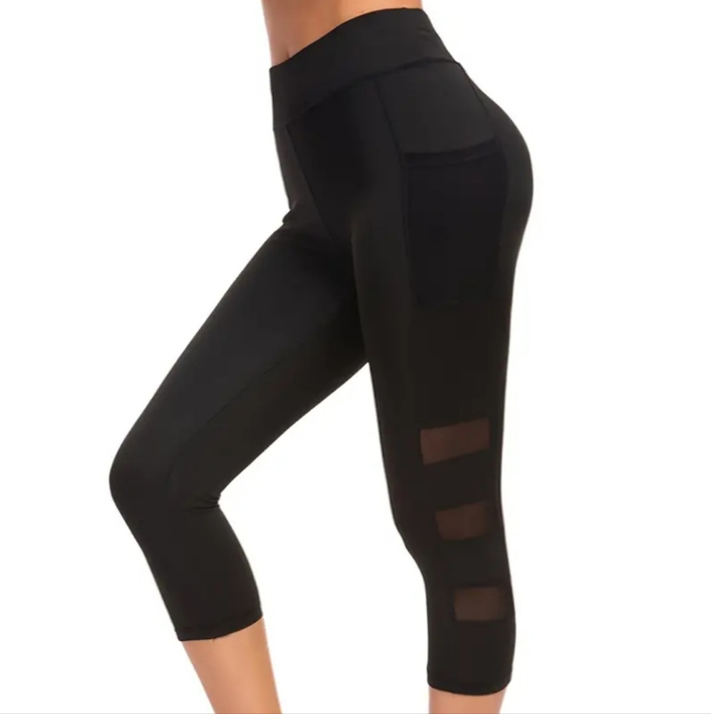 Brand New Black w/ Sheer Accent Capri Leggings